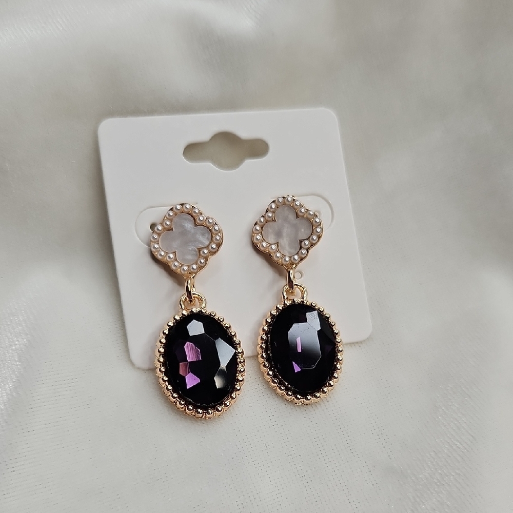 Purple Crystals White Clover Dangle Pierced Earrings Fashion Jewelry Prom Party